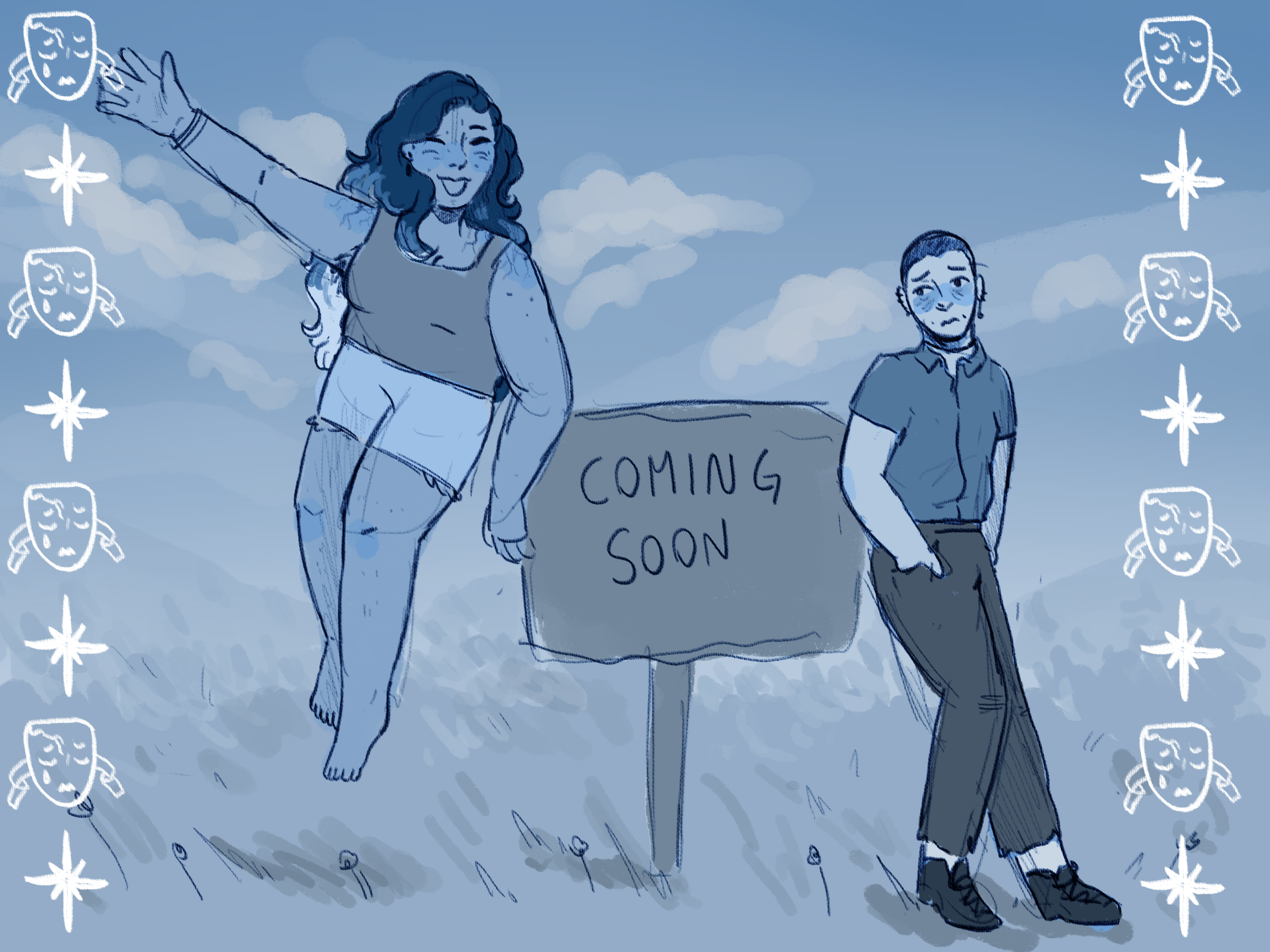 a sketch of gym and gem leaning on a sign that reads 'coming soon'